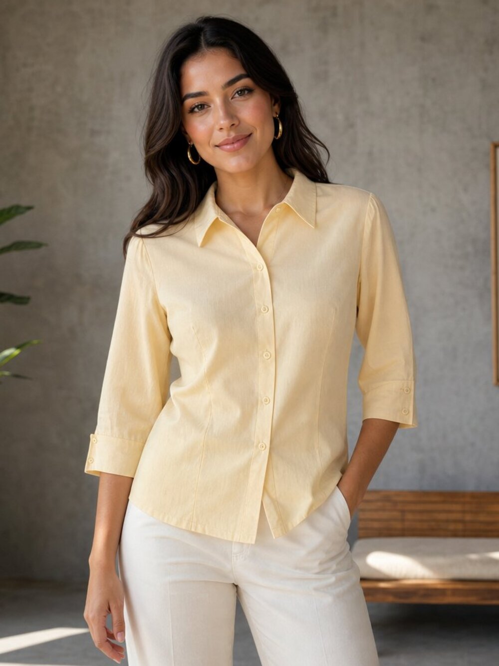 Vintage Ellen Ashley Light Yellow Button‑Down Blouse – 70s/80s Style, Size Mediu